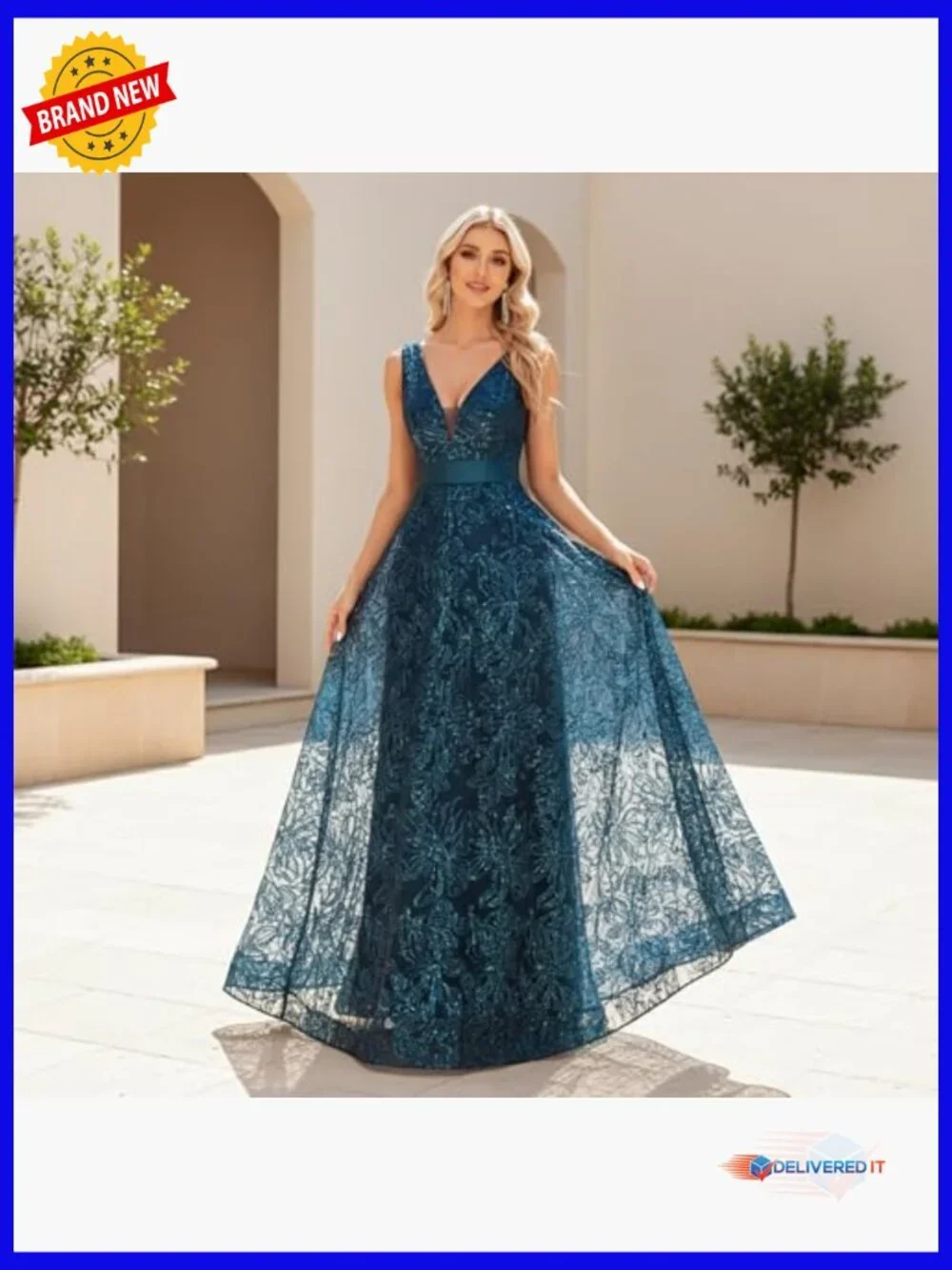 Sequin Embroidered V-Neck Maxi Formal Dress with Backless A-Line Silhouette - Picture 5 of 7
